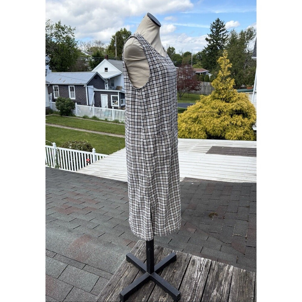 Vintage 90s Erika Studio Linen Beige Gingham Long Jumper Cottagecore Dress Sz M - Picture 3 of 6